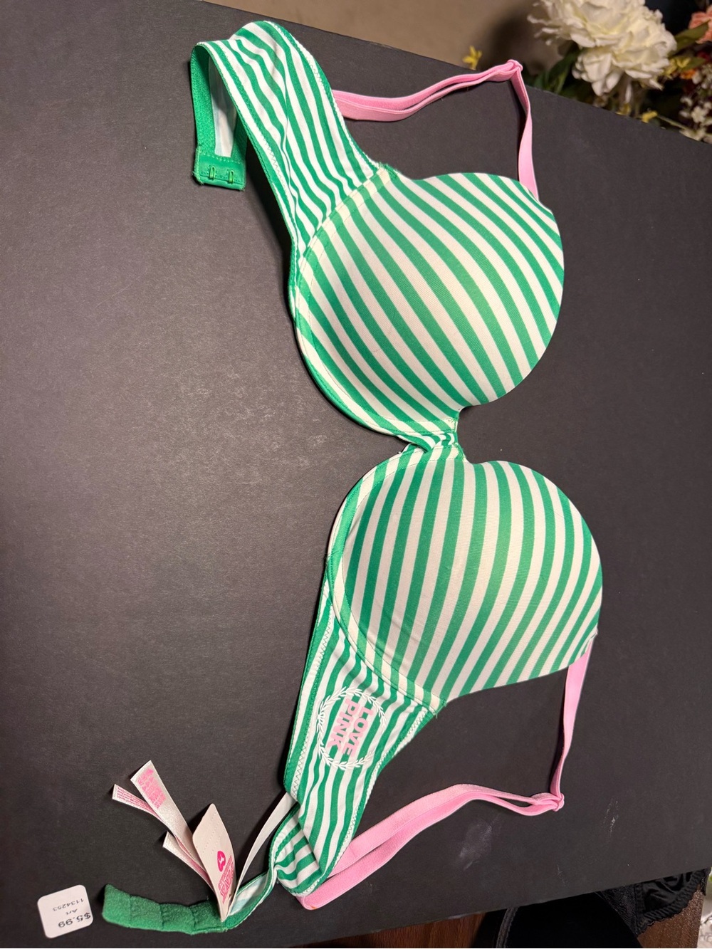 PINK Victoria's Secret Green and White Striped T-Shirt Bra with Pink Straps